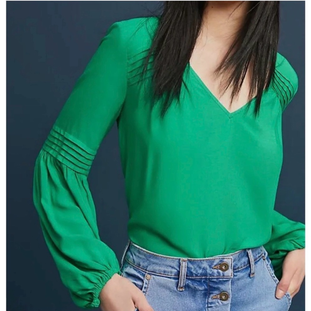 Maeve Emerald V-Neck Pintuck Long-Sleeve Blouse